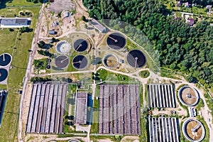 Aerial view modern wastewater sewage treatment plant of the city