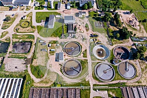 Aerial view modern wastewater sewage treatment plant of the city