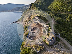 Aerial view of Mogren Fortress, Tvrdava Mogren, it is located in a promontory close to Budva. Montenegro