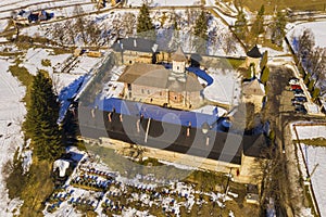 Aerial view of Moldovita Monastery in Bukovina