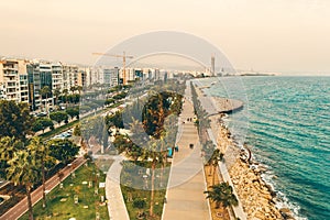 Aerial View of Molos Promenade panorama, Drone point of View. Limassol City Coast, Cyprus