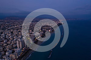 Aerial view of Molos Promenade park on coast of Limassol city centre,Cyprus.