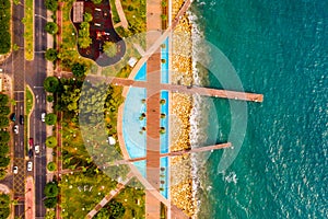 Aerial view of Molos Promenade park on coast of Limassol city centre in Cyprus.