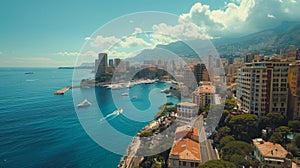 Aerial view of Monaco coastline with buildings, boats, and clear blue waters. Coastal elegance. Travelling destination