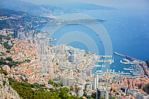 Aerial view of Monaco from La Turbie hill, view of the french Riviera