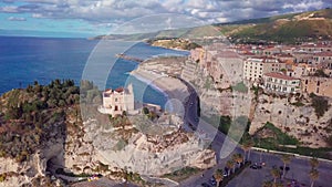 Aerial view of monastery and high cliffs in Tropea by Tyrrhenian sea, Italy