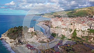 Aerial view of monastery and high cliffs in Tropea by Tyrrhenian sea, Italy