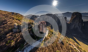 Aerial view of monastery Rousanou and breathtaking picturesque valley and landmark canyon of Meteora, Kalambaka, Greece