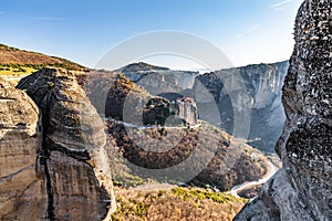 Aerial view of monastery Rousanou and breathtaking picturesque valley and landmark canyon of Meteora, Kalambaka, Greece