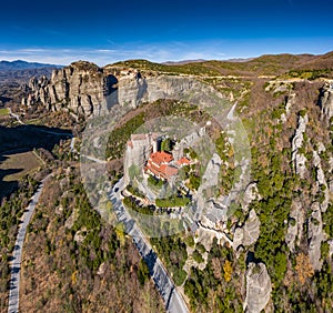 Aerial view of monastery Rousanou and breathtaking picturesque valley and landmark canyon of Meteora, Kalambaka, Greece