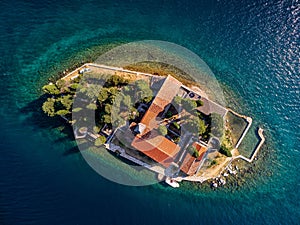 Aerial view of the monastery on St George Island near Perast, Bay of Kotor, Montenegro