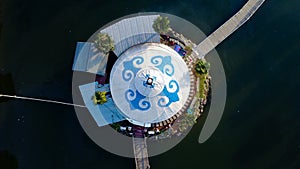 Aerial view on Mongolian white styled Yurt with blue ornaments