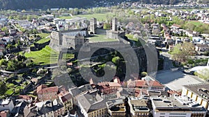 Aerial view of Montebello and Castelgrande castles at Bellinzona on Switzerland