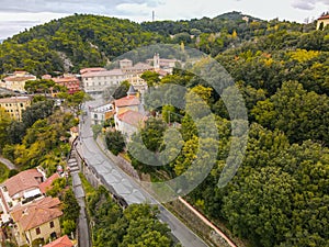 Aerial view of Montenero Sanctuary from drone, Tuscany, Italy