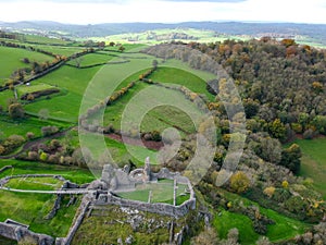 Aerial view Montgomery Castle in Powys, Wales.