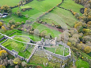 Aerial view Montgomery Castle in Powys, Wales.