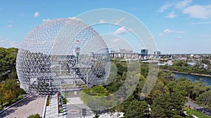 Aerial view of Montreal Biosphere and downtown city skyline in summer sunny day