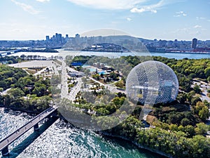 Aerial view of Montreal Biosphere in summer sunny day. Jean-Drapeau park