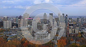 Aerial view of Montreal skyline in autumn at dusk