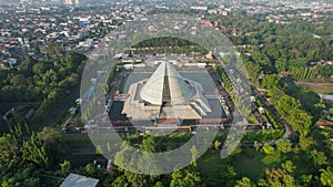 Aerial view of Monument to the Recapture of Yogyakarta. Historical Building in a Cone Shape. Monjali or Monumen Jogja Kembali.