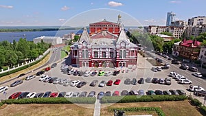 aerial view of Monument to Vasily Chapaev and Samara Drama theatre at summer day