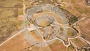 Aerial view of Moray Archeological site. Inca ruins of several terraced circular depressions, in Maras, Cusco province