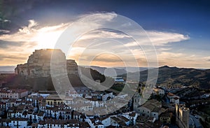 Aerial view of Morella, Spain, at sunset in Aragon