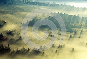 Aerial view of Morning fog and sunrise in autumn near Stowe, VT on Scenic Route 100 photo