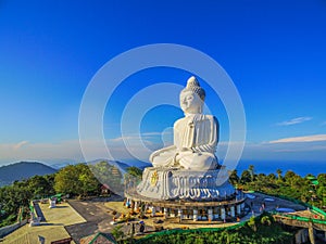 Aerial view in the morning at Phuket big Buddha in blue background