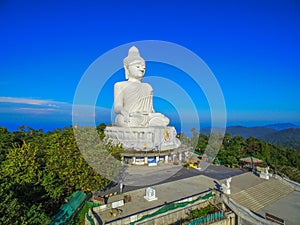 Aerial view in the morning at Phuket big Buddha in blue background