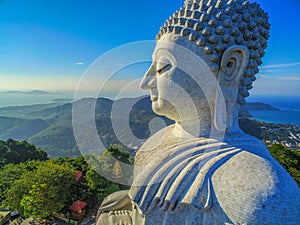 Aerial view in the morning at Phuket big Buddha in blue background