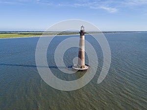 Aerial view of the Morris Island lighthouse near Folly Beach and Charleston, South Carolina