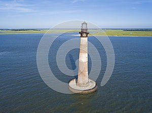 Aerial view of the Morris Island lighthouse near Folly Beach and Charleston, South Carolina