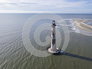 Aerial view of the Morris Island lighthouse near Folly Beach and Charleston, South Carolina