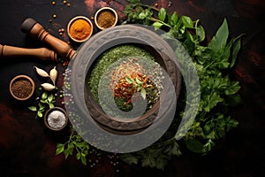 aerial view of mortar with mixed spices surrounded by fresh herbs
