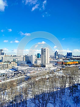 Aerial view of Moscow in Russia on a sunny winter day against a blue sky