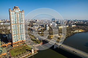 Aerial view of Moscow. Skyscraper of housing complex Alye Parusa