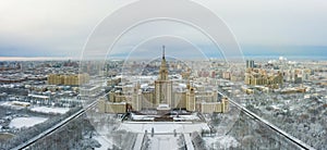 Aerial view of Moscow State University on Sparrow Hills, Moscow, Russia. Scenic panorama of Moscow with the Main building of MSU photo