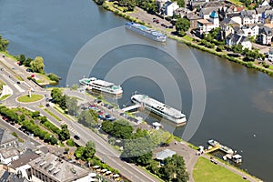 Aerial view Moselle with passenger ships near Traben-Trarbach in Germany