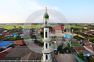 Aerial view of mosque among residential area