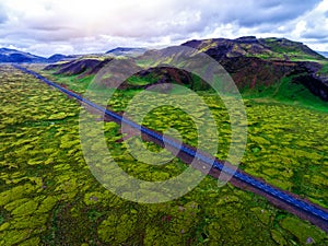 Aerial view of mossy lava field in Iceland