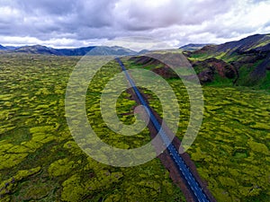 Aerial view of mossy lava field in Iceland.