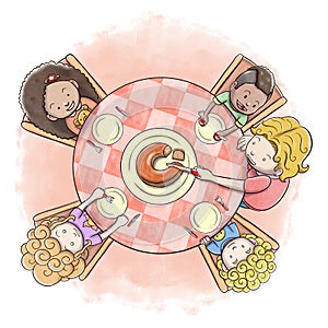 Aerial view of mother serving cake to a group of children â€“ watercolor painting background