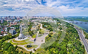 Aerial view of the Motherland Monument and Pechersk Lavra in Kiev, Ukraine