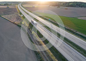 Aerial view of motion blurred truck on highway