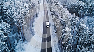 Aerial view of a motorhome driving through a winter landscape with snow-covered coniferous forest