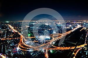 Aerial view of the motorway in central Bangkok at night, Thailand