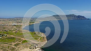 Aerial view of Mount Alchak - Kaya, Sudak Bay of the Black Sea, Sudak.