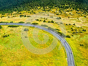 Aerial view of mountain asphalt road on Praded in Hruby Jesenik Montains, Czech Republic