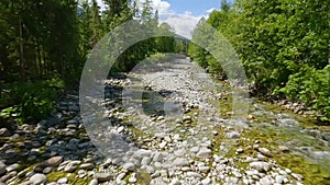 Aerial view of mountain brook or river flowing in the green valley. Beautiful high mountains in the summer day. Tatra